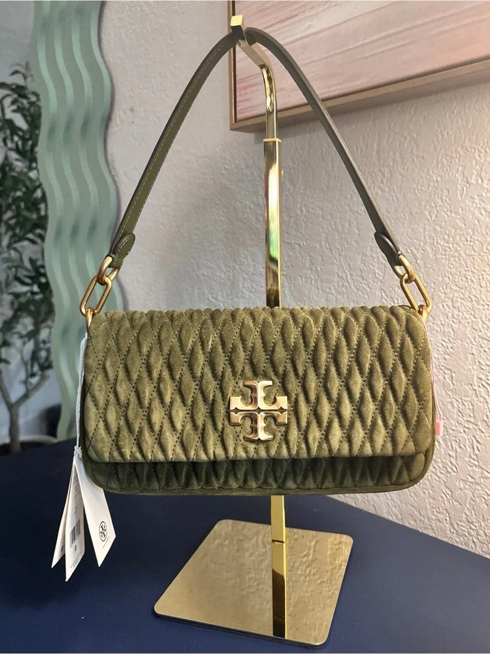 Tory Burch Olive Green Quilted Velvet Shoulder Bag with Gold Logo